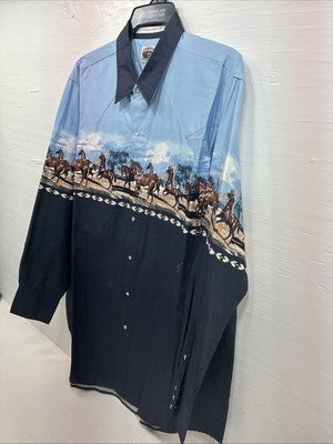 New Men’s Cumberland Blue Horse Design Long Sleeve Pearl Snap XL T-16