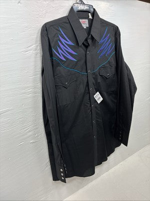 New Men’s ELY Diamond Black Western Design Long Sleeve Pearl Snap Large AA-18