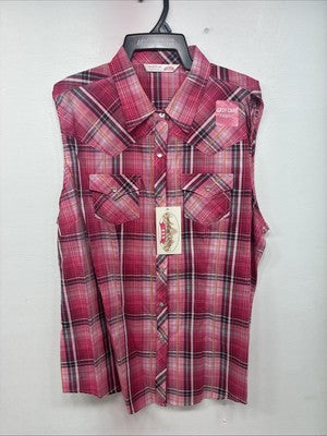 New Women’s Cumberland Pink Plaid Short Sleeve Pearl Snap 2XL GG-13