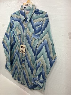 New Men’s ELY Cattleman Blue Green design Long Sleeve Pearl Snap 17 X 34 XL T-37