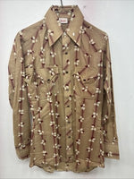 New Men’s ELY Plains Tan Red Floral Long Sleeve Pearl Snap Size 14.5 Small GG-7