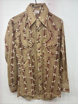 New Men’s ELY Plains Tan Red Floral Long Sleeve Pearl Snap Size 14.5 Small GG-7