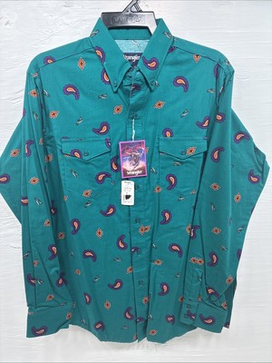 New Men’s Wrangler Teal Western Design Long Sleeve Button Up 16/5 Large T-27