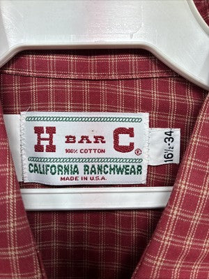 Me End H Bar C Red Plaid Long Sleeve Pearl Snap 16.5 Large AA-35