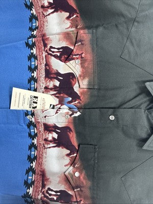New Men’s ELY Cattleman Blue Black Horse Design Short Sleeve Pearl Snap XL T-17