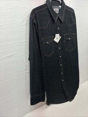 New Men’s ELY Cattleman Dark Blue Jean Long Sleeve Pearl Snap XL M-80