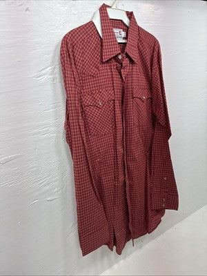 Me End H Bar C Red Plaid Long Sleeve Pearl Snap 16.5 Large AA-35