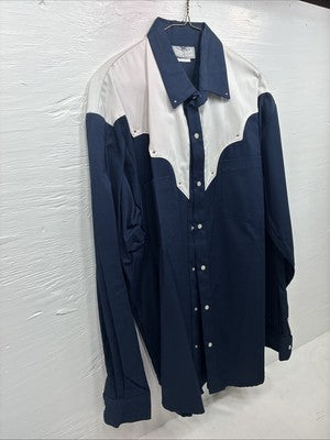 New Men’s Cowboy Threads Blue White Long Sleeve Pearl Snap Large AA-53