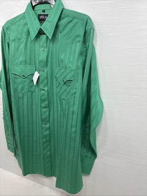 New Men’s White Horse Green Stripe Long Sleeve Pearl Snap Large Q-64