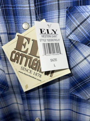 New Men’s Blue Plaid ELY Cattleman Short Sleeve Pearl Snap Shirt. Large P-44