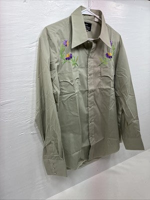 New Men’s Champion Western Green Embroidered Long Sleeve Pearl Snap 17 XL T-4