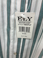 New Men’s ELY Cattleman Blue White Stripe Short Sleeve Pearl Snap XL M-35