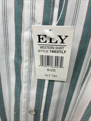 New Men’s ELY Cattleman Blue White Stripe Short Sleeve Pearl Snap XL M-35