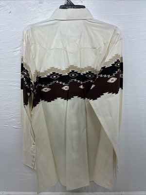 New Men’s White Horse Brown Western Print Long Sleeve Pearl Snap Large V-34