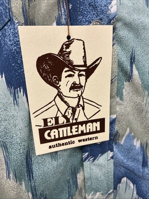 New Men’s ELY Cattleman Blue Green Design Long Sleeve Pearl Snap Medium Q-36