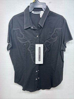 New Women’s Panhandle Slim Black Short Sleeve Pearl Snap Size Large TT-48