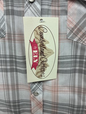 New Women’s Cumberland Gray Pink Plaid Short Sleeve Pearl Snap 2XL GG-62