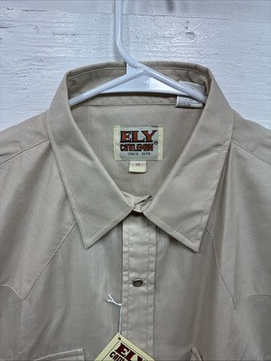New Men’s ELY Cattleman Tan Short Sleeve Pearl Snap 16 Large AA-13
