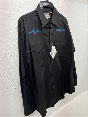New Men’s ELY Cattleman Black Aztec Design Long Sleeve Pearl Snap Large Q-40