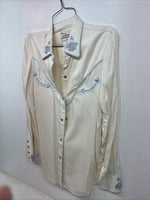 New Women’s California RanchWear White Blue Long Sleeve Pearl Snap Medium YY-95