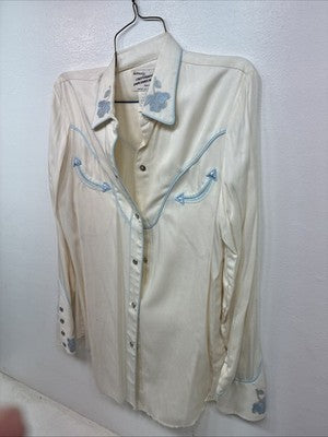 New Women’s California RanchWear White Blue Long Sleeve Pearl Snap Medium YY-95