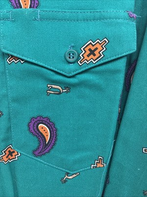 New Men’s Wrangler Teal Western Design Long Sleeve Button Up 16/5 Large T-27