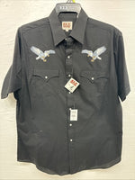 New Men’s ELY Cattleman Black Eagle Designed Short Sleeve Pearl Snap Large T-65