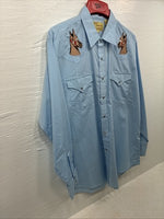 New Men’s ELY Wildlife Blue Horse Design Long Sleeve Pearl Snap Large CC-25