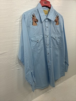 New Men’s ELY Wildlife Blue Horse Design Long Sleeve Pearl Snap Large CC-25