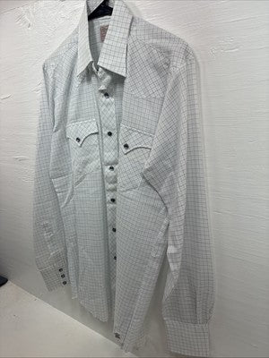 New Men’s H Bar C White Blue Plaid Long Sleeve Pearl Snap Larg M-37