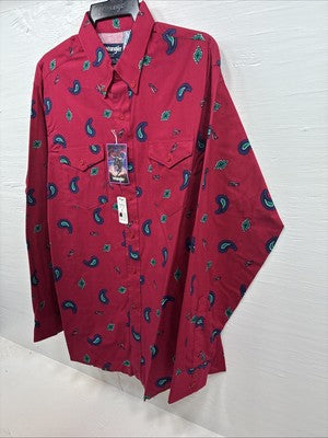 New Men’s Wrangler Pink Western Print Design Long Sleeve Button Up XL M-92