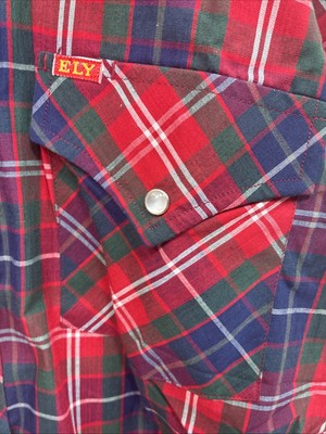 New Men’s ELY Plains Red Blue Plaid Long Sleeve Pearl Snap 14.5 Small T-86