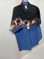 New Men’s ELY Cattleman Blue Black Horse Design Short Sleeve Pearl Snap XL T-17