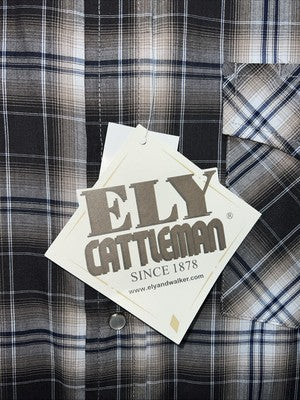 New Men’s Brown Plaid ELY Cattleman Long Sleeve Pearl Snap Shirt. L Tall P-68