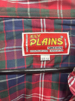 New Men’s ELY Plains Red Blue Plaid Long Sleeve Pearl Snap 16.5 Large V-96