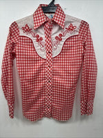 New Women’s Miss Rodeo Red Checker Long Sleeve Pearl Snap Small KK-27