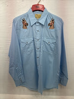 New Men’s ELY Wildlife Blue Horse Design Long Sleeve Pearl Snap Large CC-25
