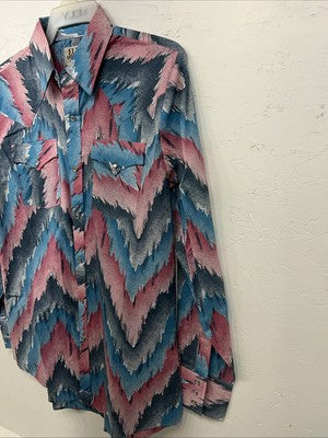New Men’s Pink Blue ELY Cattleman Long Sleeve Pearl Snap Shirt. 15.5x34 M P-65