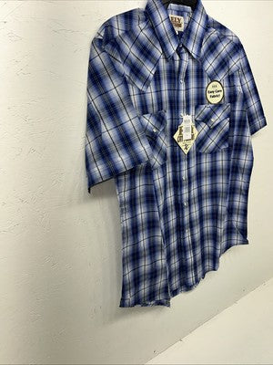 New Men’s Blue Plaid ELY Cattleman Short Sleeve Pearl Snap Shirt. Large P-44