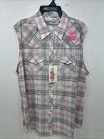 New Women’s Cumberland Gray Pink Plaid Short Sleeve Pearl Snap 2XL GG-62