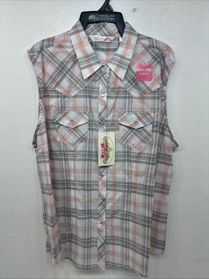 New Women’s Cumberland Gray Pink Plaid Short Sleeve Pearl Snap 2XL GG-62
