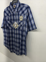 New Men’s Blue Plaid ELY Cattleman Short Sleeve Pearl Snap Shirt. Large P-44