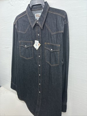 New Men’s ELY Cattleman Dark Blue Jean Long Sleeve Pearl Snap XL M-80