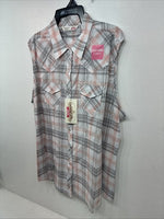 New Women’s Cumberland Gray Pink Plaid Short Sleeve Pearl Snap 2XL GG-62