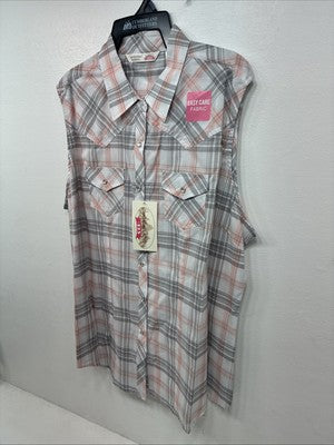 New Women’s Cumberland Gray Pink Plaid Short Sleeve Pearl Snap 2XL GG-62
