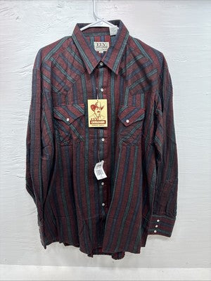 New Men’s ELY Cattleman Red Multicolor Stripe Long Sleeve Pearl Snap XL Q-96