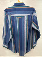 New Men’s ELY Cattleman Blue Multicolor Stripe Long Sleeve Pearl Snap 17 XL O-47