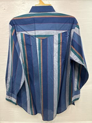 New Men’s ELY Cattleman Blue Multicolor Stripe Long Sleeve Pearl Snap 17 XL O-47