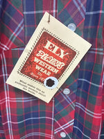 New Men’s ELY Plains Red Blue Plaid Long Sleeve Pearl Snap 14.5 Small T-86