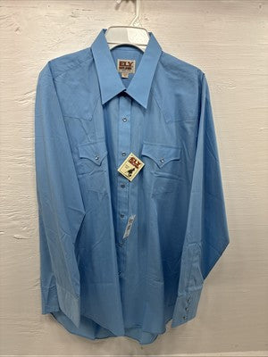 New Men’s ELY Cattleman Blue Simple Long Sleeve Pearl Snap 17.5 X 35 XL O-57
